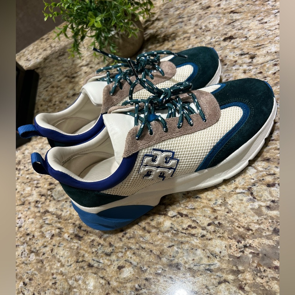 Tory Burch Good Luck Trainer Ivory Cream Forest Green Blue Colorway Sneakers 9M
